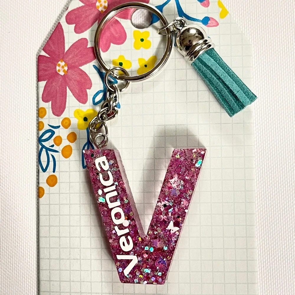 Veronica, letter V glitter‎ resin keychain